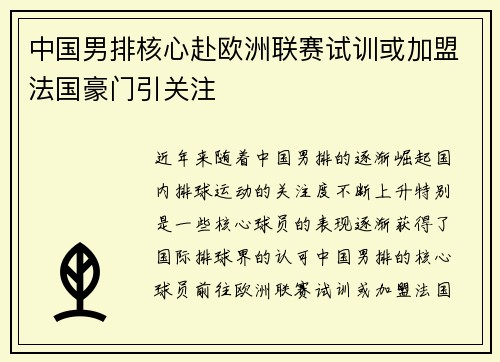 中国男排核心赴欧洲联赛试训或加盟法国豪门引关注
