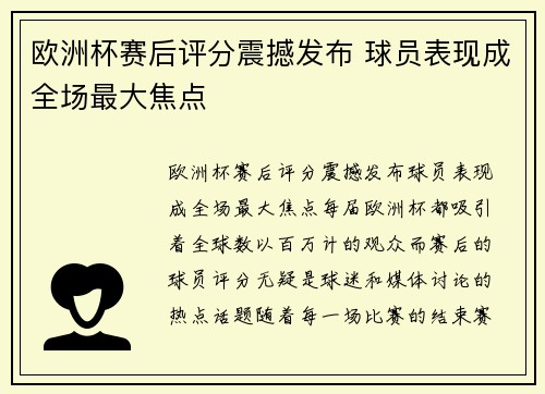 欧洲杯赛后评分震撼发布 球员表现成全场最大焦点